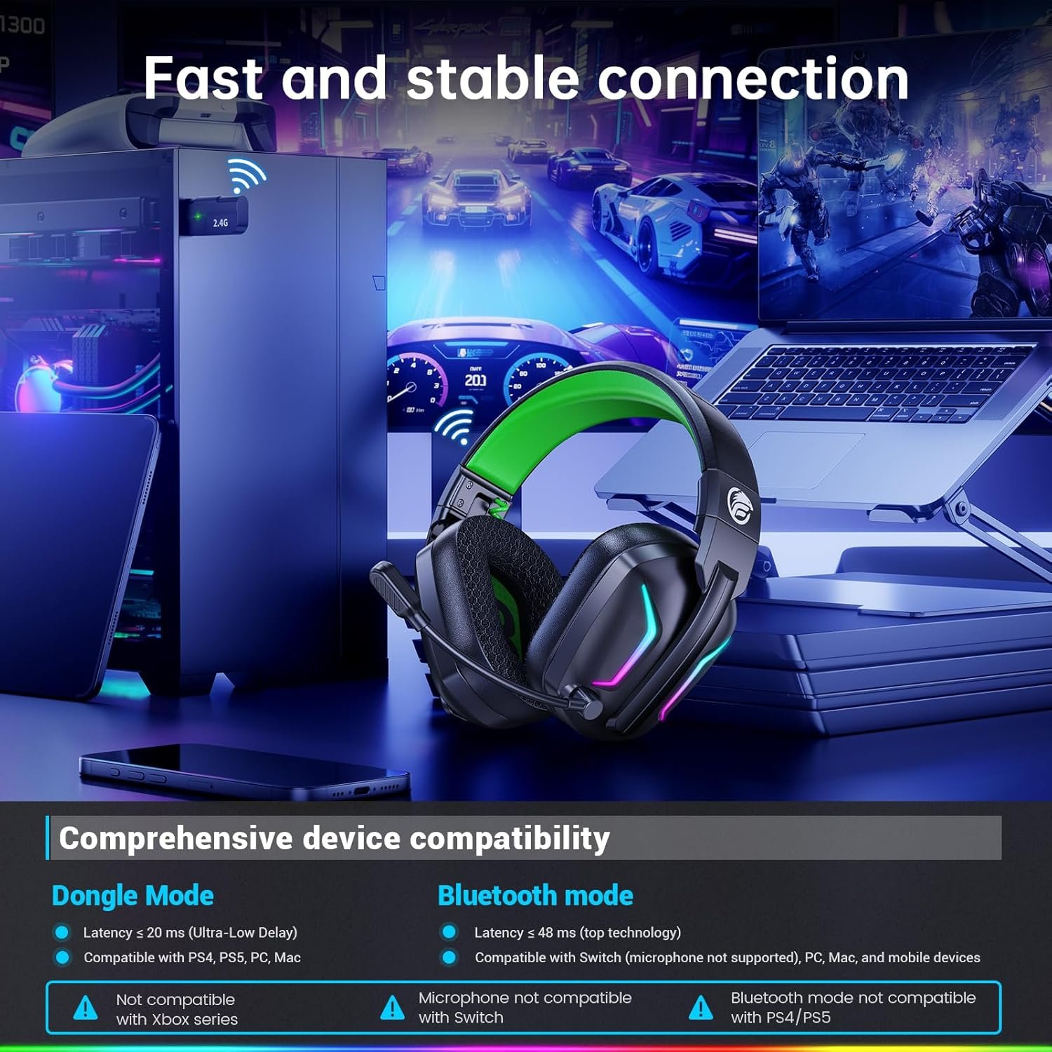 Fachixy FC300 Wireless Gaming Headset with Mic - Bluetooth and 2.4GHz USB Gaming Headphones with 50Hr Battery & 3D Stereo Sound for PS5, PS4, PC, Mac, Mobile - Black Green - Image 7
