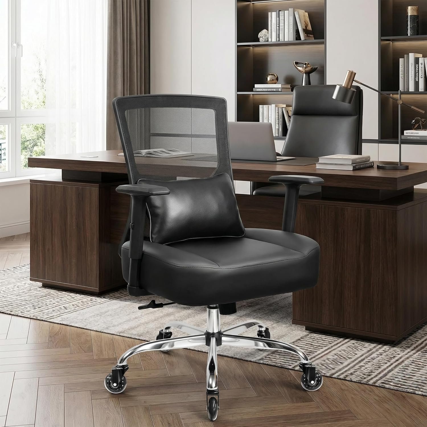440LBS/200KG Heavy Duty Office Chair, Extra Wide and Thick Spring Cushion Ergonomic Chair, Adjustable Lumbar Support & Pillow, PU Leather Big & Tall XXL for Heavy People and Sit Cross-Legged - Image 2