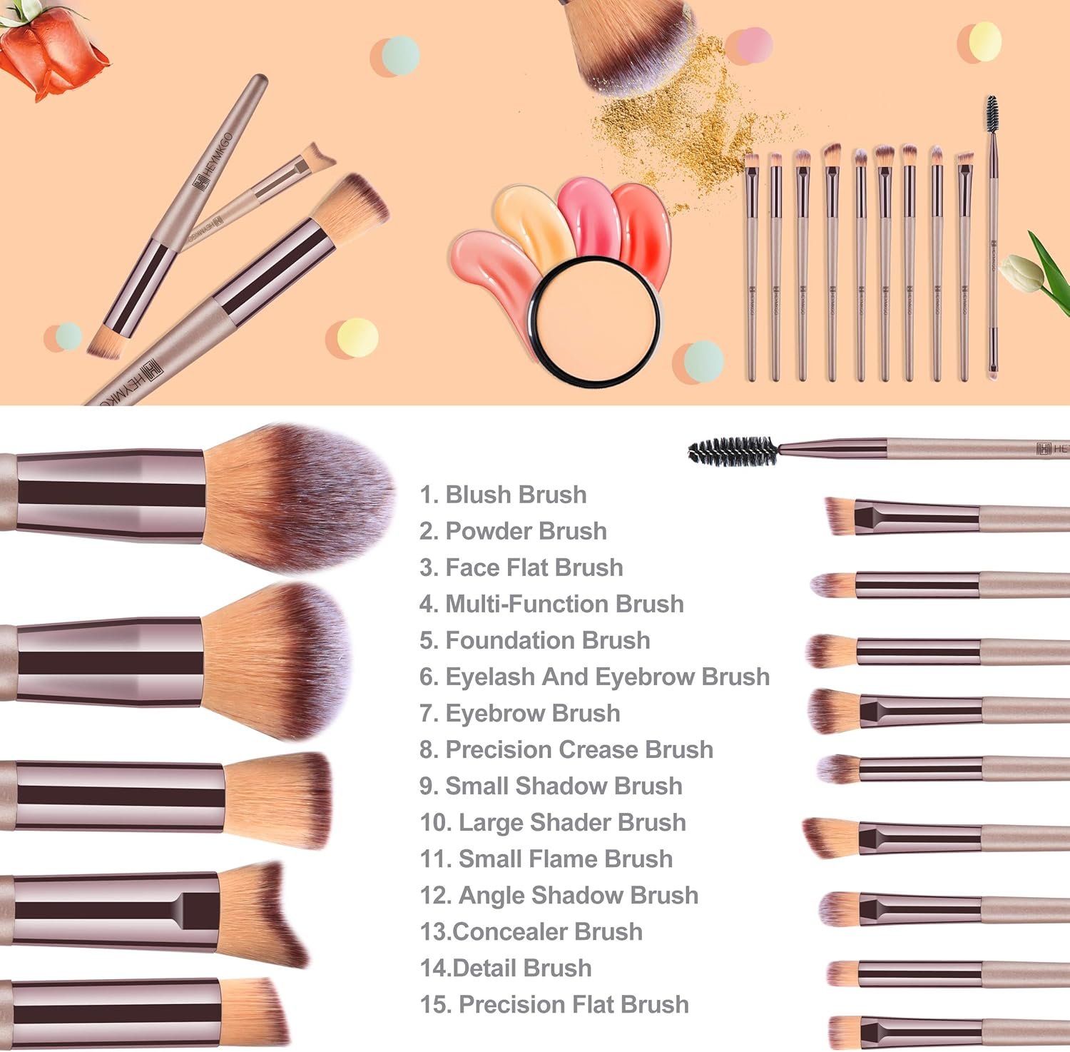HEYMKGO Makeup Brushes, 15 Pcs Make Up Brushes Set Professional Champagne Gold Makeup Brush Pack, Foundation Blending Powder Blush Concealers Eyeshadow Eyeliner Make-up Brush Kits with Cosmetics Bag - Image 4