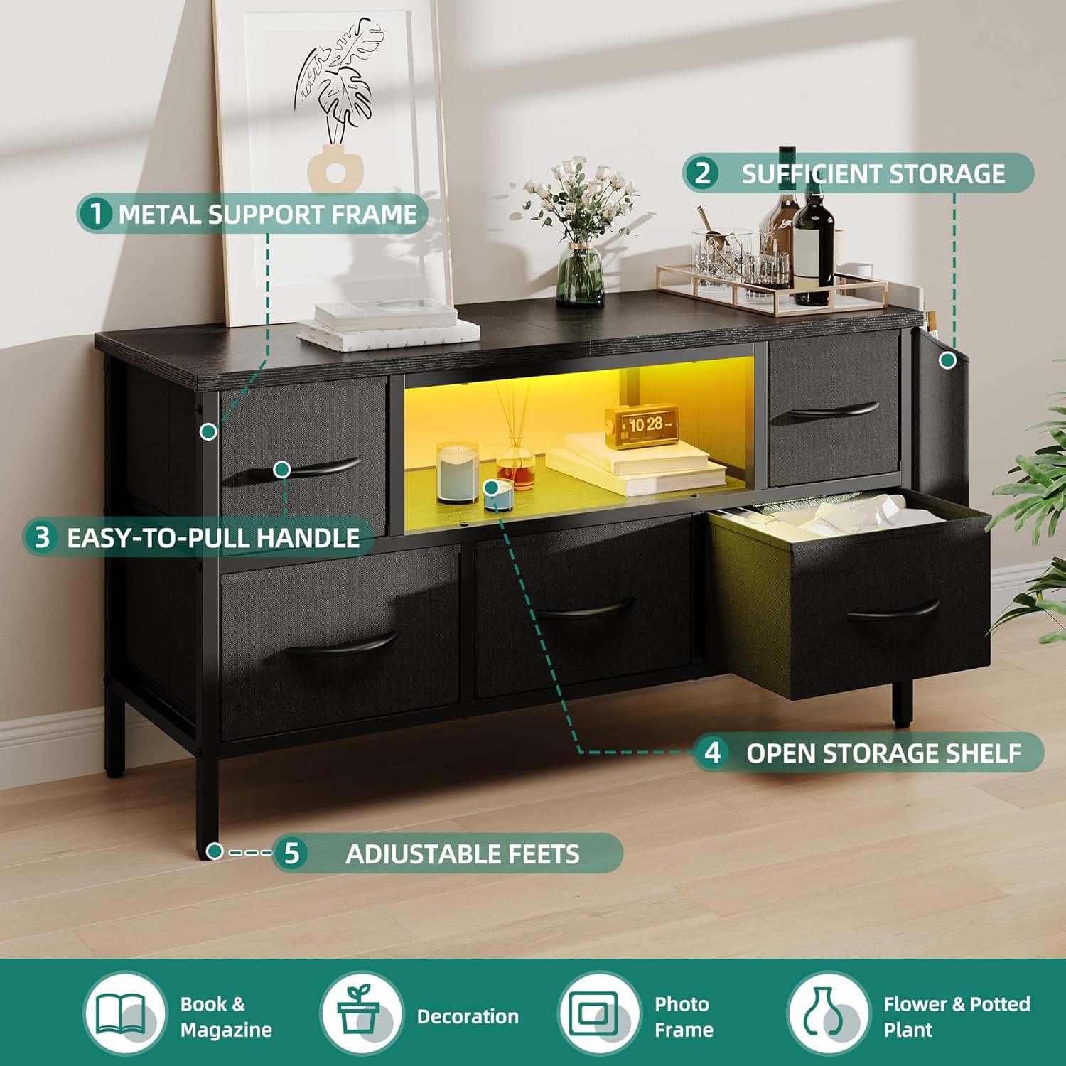 YITAHOME TV Cabinet, TV Stand Cabinet Unit for Living Room with 5 Foldable Drawers and Shelves TV Stand Unit with RGB LED Lighted TV Gaming Entertainment Center with Cabinet for PS5 - Image 6