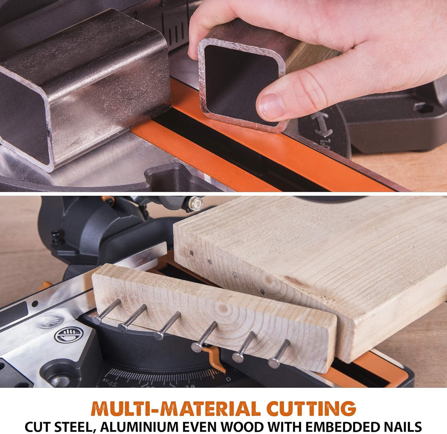 Evolution Power Tools R210SMS+ Sliding Mitre Saw With Multi-Material Cutting, Cuts Wood, Metal, Plastic & More, 45° Bevel, 50° Mitre, 230mm Slide, 1500 W (230 V) - Image 4
