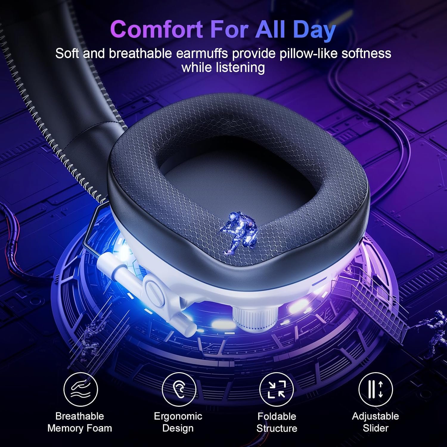 Fachixy FC400 Wireless Gaming Headset, Bluetooth Gaming Headphones with Mic for PS5, PS4, PC, Switch, Laptop, Mac, Fast Charge 50Hr Battery and Cool Lights - White Black - Image 6