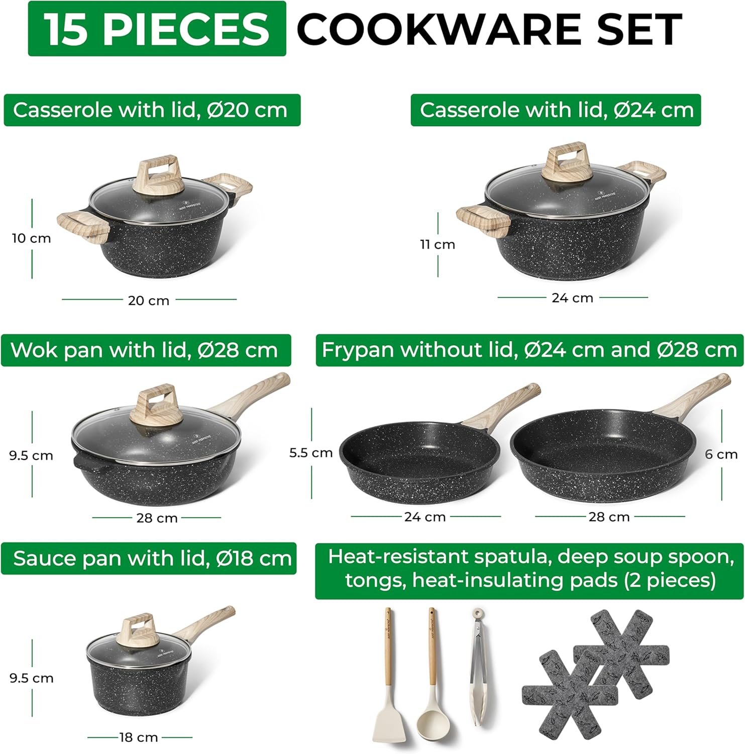Just Perfecto Set of 15 Pots and Pans, Non-Stick Cookware Set, Black Granite Induction Cookware Non-Stick Set with Frying Pans and Saucepans (PFOS, PFOA Free) - Image 2