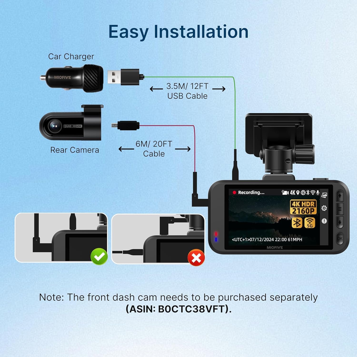 Miofive In-Car Rear Camera for Miofive S1/S1 Pro/S1 Ultra Series Dash Cam, 4K/2160P Backup Camera with Cable and 360° Rotation - Image 6