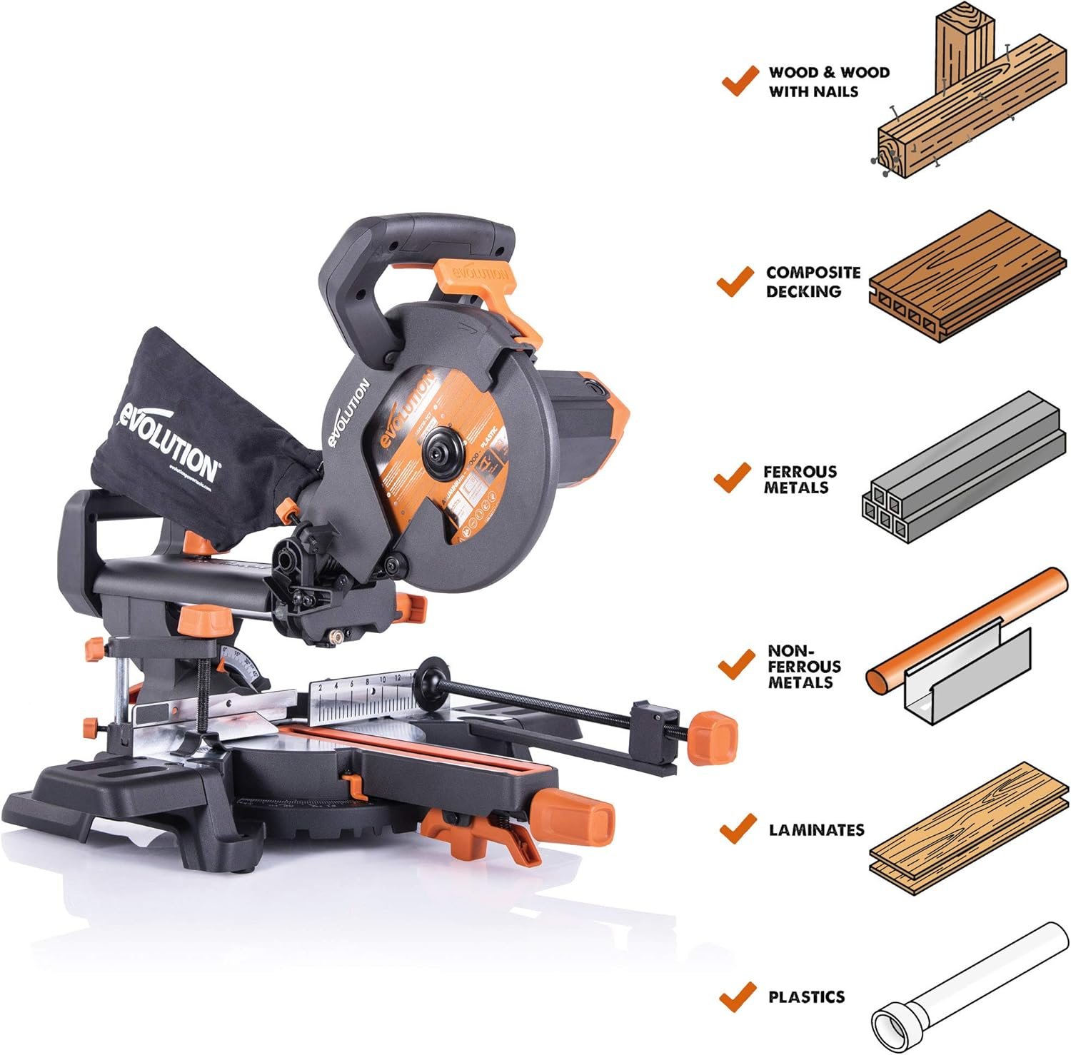 Evolution Power Tools R210SMS+ Sliding Mitre Saw With Multi-Material Cutting, Cuts Wood, Metal, Plastic & More, 45° Bevel, 50° Mitre, 230mm Slide, 1500 W (230 V) - Image 2