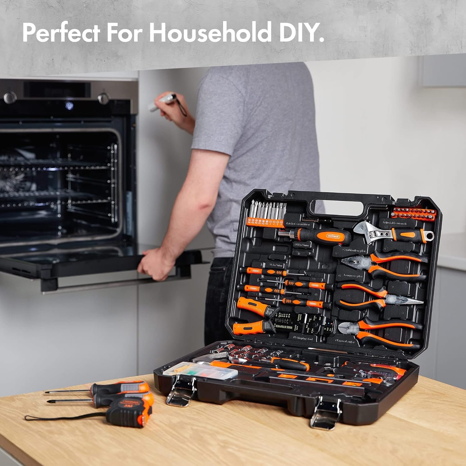 VonHaus Tool Kit - Ultimate 120 pcs Tool Box - Includes Hand Tools, LED Torch, Hex Keys, 3m Tape Measure & More - Comprehensive DIY Kits for Home, Perfect for Beginners - Includes Carry Case - Image 3