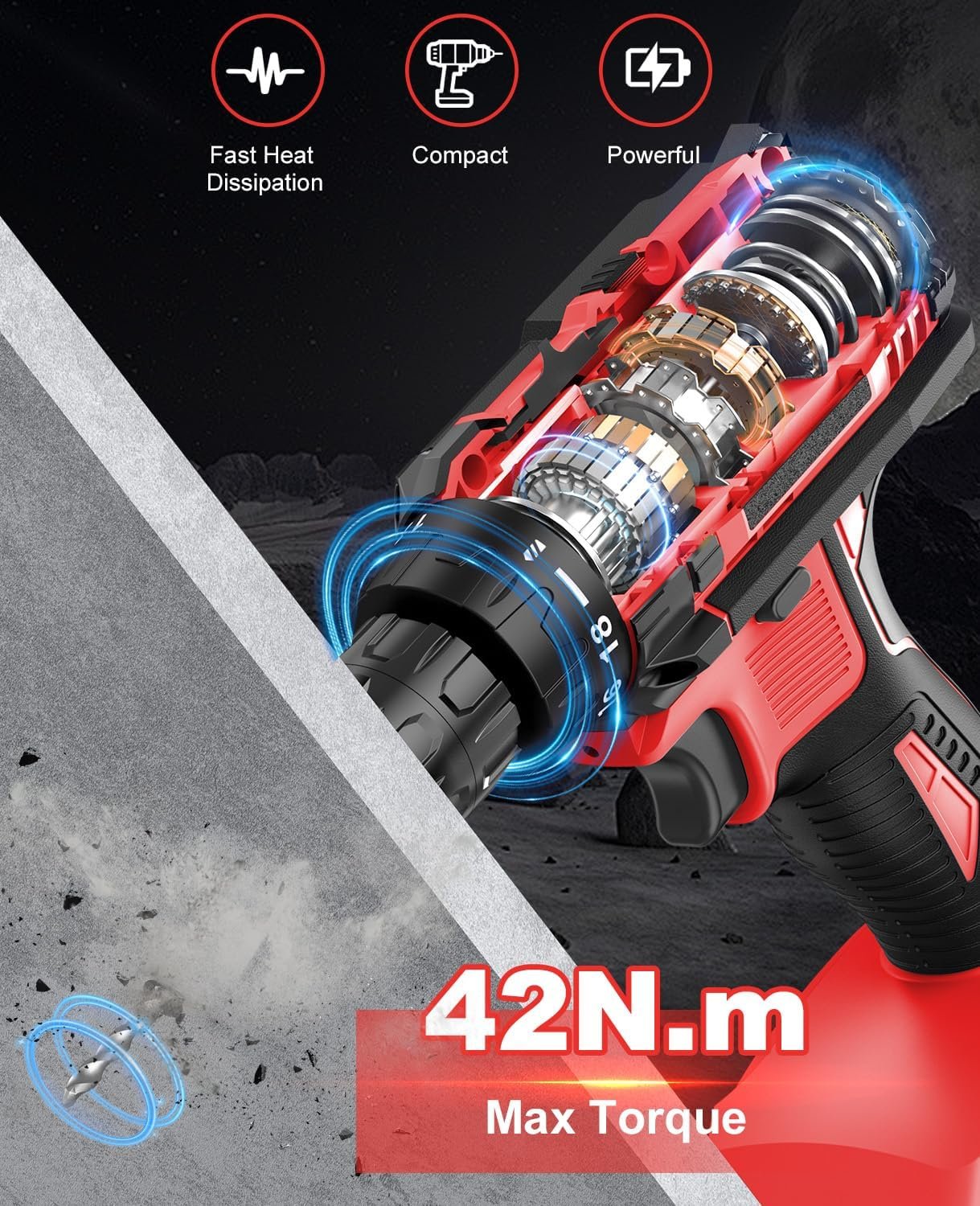 Cordless Drill, Power Drill 21V, Electric Drill Set 42N.m with 2 Batteries 2.0Ah, 10mm Chuck, 2 Speeds, 18+1 Torque, LED Light, 14pcs Drill Set for Garden DIY Project, Red - Image 2