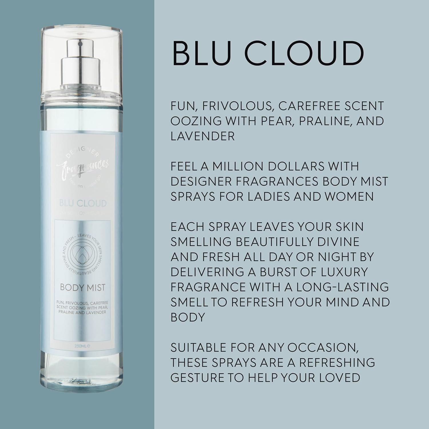 Designer Fragrances 3 Pack Assorted Bundle - Tu Est Belle - Peony - Blu Cloud - Women's Feminine Body Mist Sprays - For Silky Soft, Beautifully Smelling Divine & Fresh Skin, Great Gifts - 250ml - Image 4