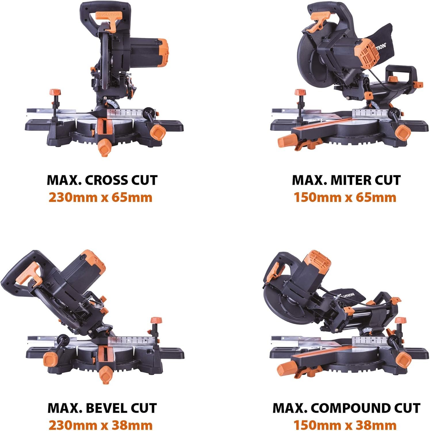 Evolution Power Tools R210SMS+ Sliding Mitre Saw With Multi-Material Cutting, Cuts Wood, Metal, Plastic & More, 45° Bevel, 50° Mitre, 230mm Slide, 1500 W (230 V) - Image 3