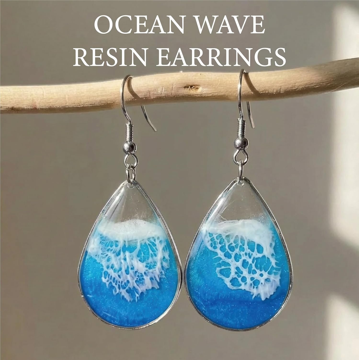 Silver Ocean Wave Drop Resin Earrings - Image 2