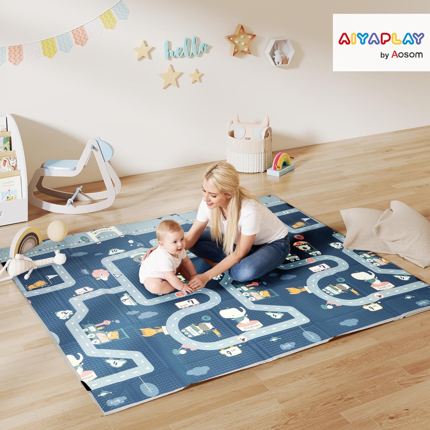 AIYAPLAY Foldable Baby Play Mat Double-Sided, Baby Playpen Floor Mats for Toddlers, Waterproof Large Foam Playmat for Playroom and Nursery, 202 x 180.5cm, Traffic and Grey Diamond Theme - Image 2