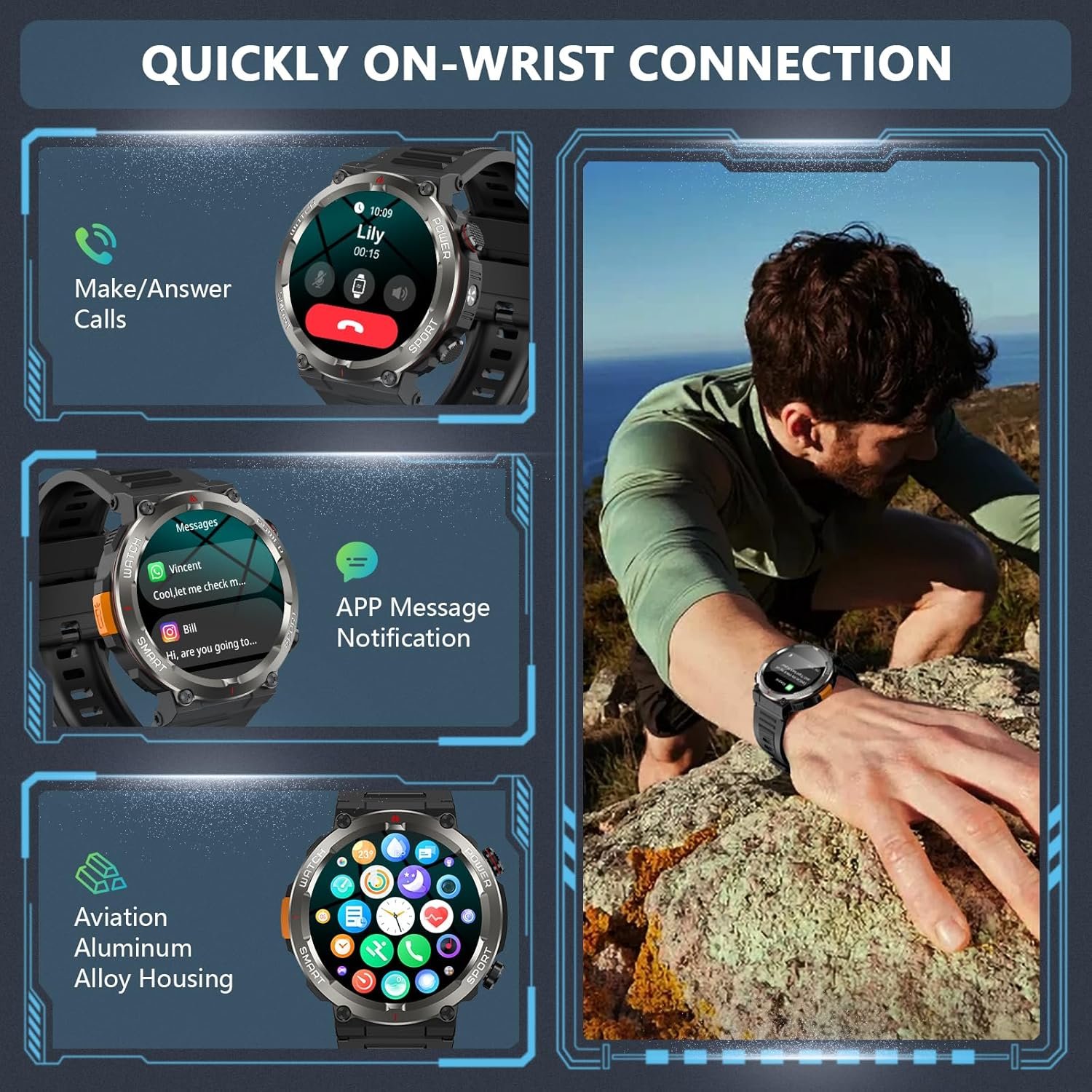 Military Smart Watch for Men(Answer/Make Calls),Outdoor Smartwatch with 100 Days Battery/LED Flashlight/Compass/Heart Rate/SpO2/Sleep Monitor/2 Straps, Rugged Fitness Watch for iPhone/Android Phones - Image 7