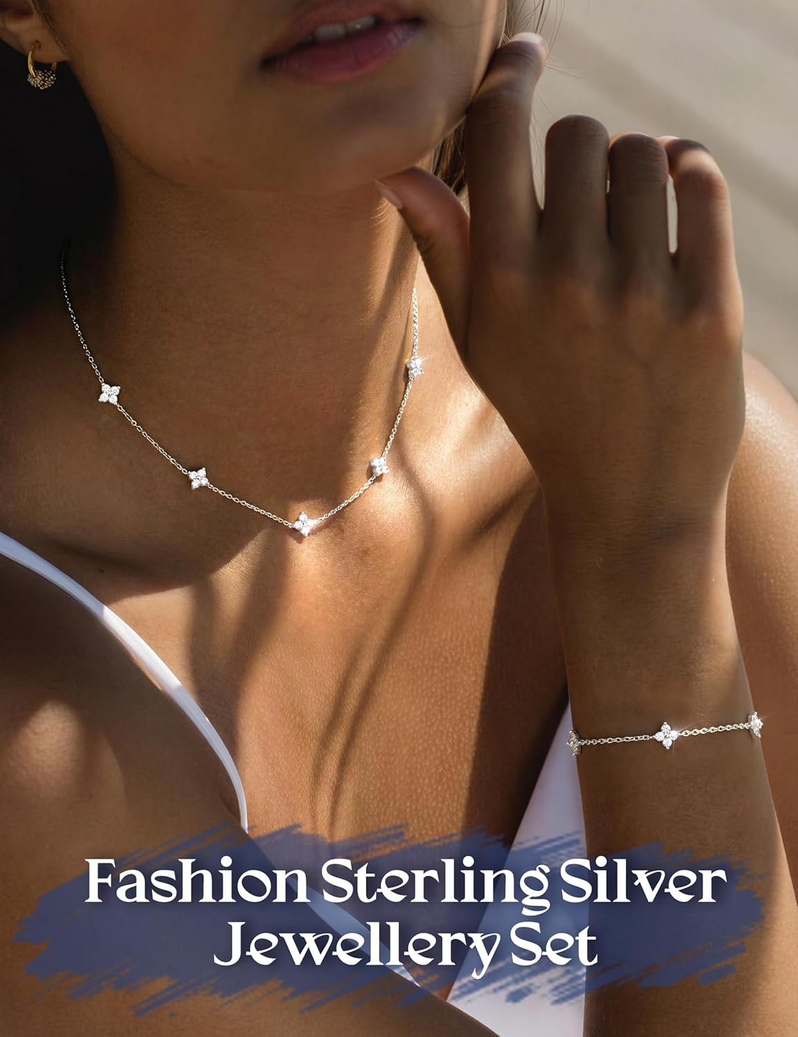 Diamday 925 Sterling Silver Necklace for Women Silver Gold Jewelry Set Adjustable Choker Necklace Bracelet for Women Dainty Cubic Zirconia Costume Jewelry Wedding Brides Women's Jewelry Sets - Image 3