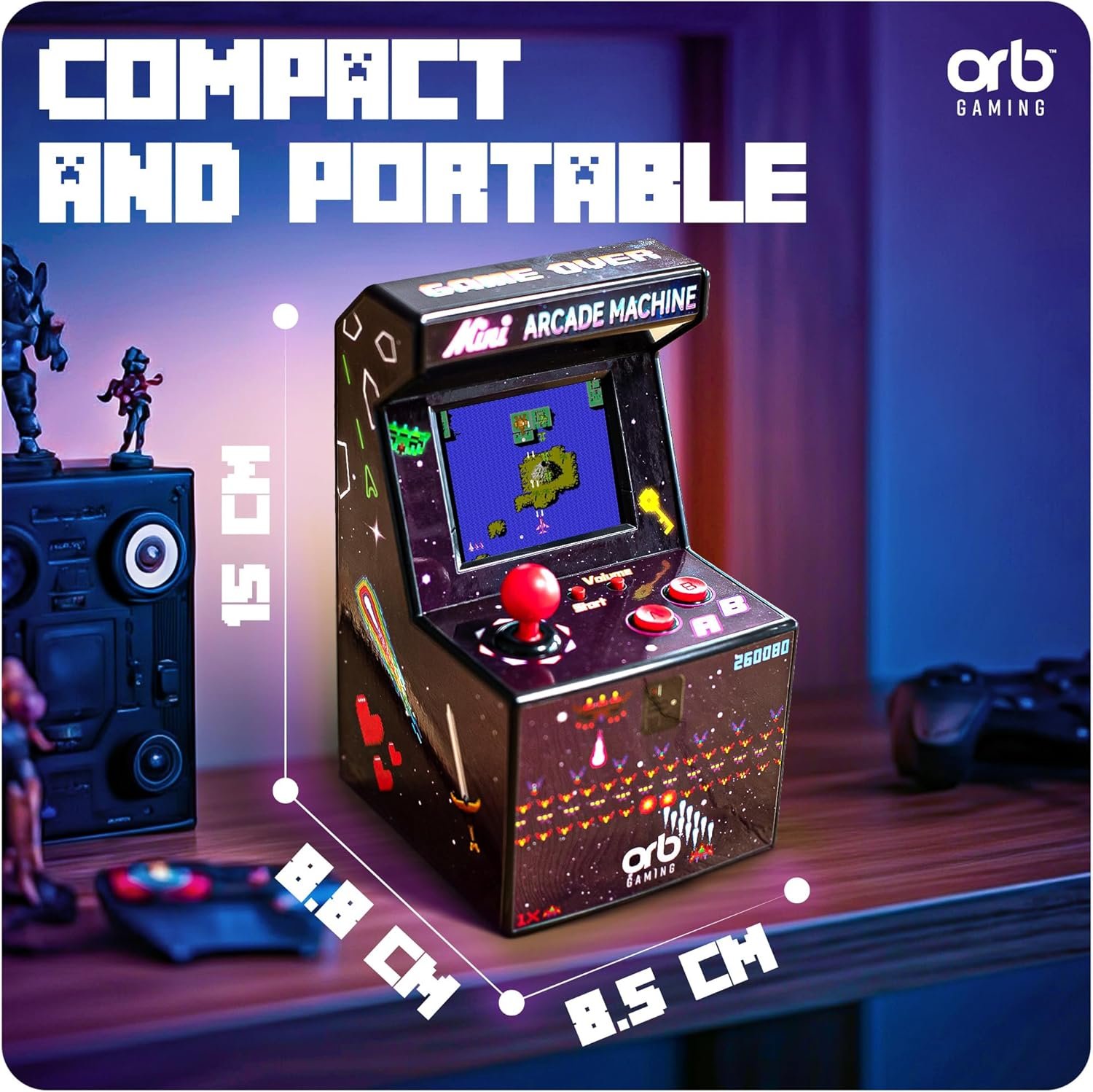 Mini Arcade Machine, 240 Built-In 8-Bit Games, 2.5” Full Colour Screen, 8-Way Joystick, Handheld Retro Games Console – Orb Gaming by ThumbsUp! - Image 4