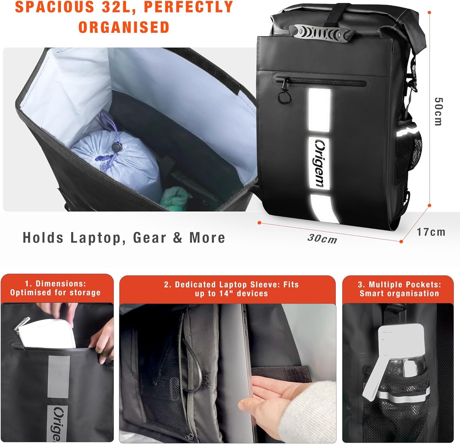 Origem Bike Pannier Bag 32L, 3-in-1 Bicycle Bags for Pannier Rack, Waterproof Reflective Strips Rear Rack Bag Commuter Backpack for Cycling Touring Travelling Commuting - Image 4