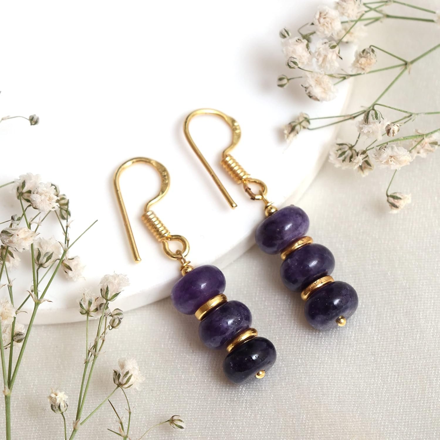 Gempires Purple Amethyst Beads Gemstone Crystal Earrings February Birthstone Jewelry with Hypoallergenic Gold Plated Hooks Everyday Elegance - Image 3