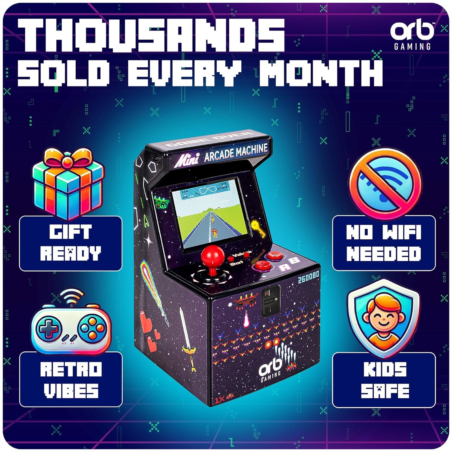 Mini Arcade Machine, 240 Built-In 8-Bit Games, 2.5” Full Colour Screen, 8-Way Joystick, Handheld Retro Games Console – Orb Gaming by ThumbsUp! - Image 7