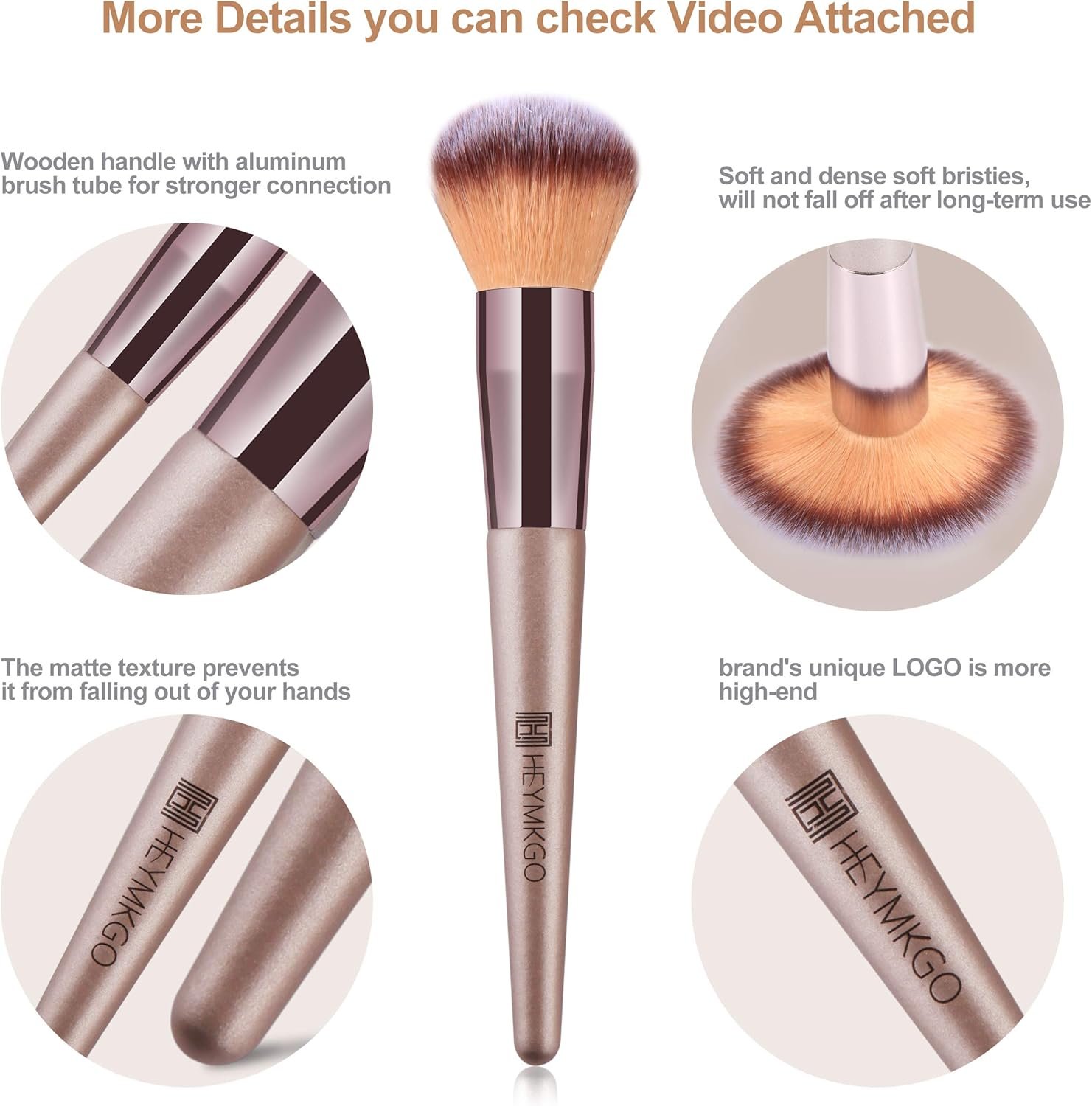 HEYMKGO Makeup Brushes, 15 Pcs Make Up Brushes Set Professional Champagne Gold Makeup Brush Pack, Foundation Blending Powder Blush Concealers Eyeshadow Eyeliner Make-up Brush Kits with Cosmetics Bag - Image 5