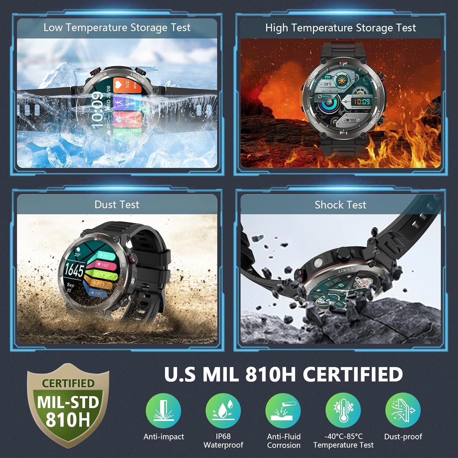Military Smart Watch for Men(Answer/Make Calls),Outdoor Smartwatch with 100 Days Battery/LED Flashlight/Compass/Heart Rate/SpO2/Sleep Monitor/2 Straps, Rugged Fitness Watch for iPhone/Android Phones - Image 3
