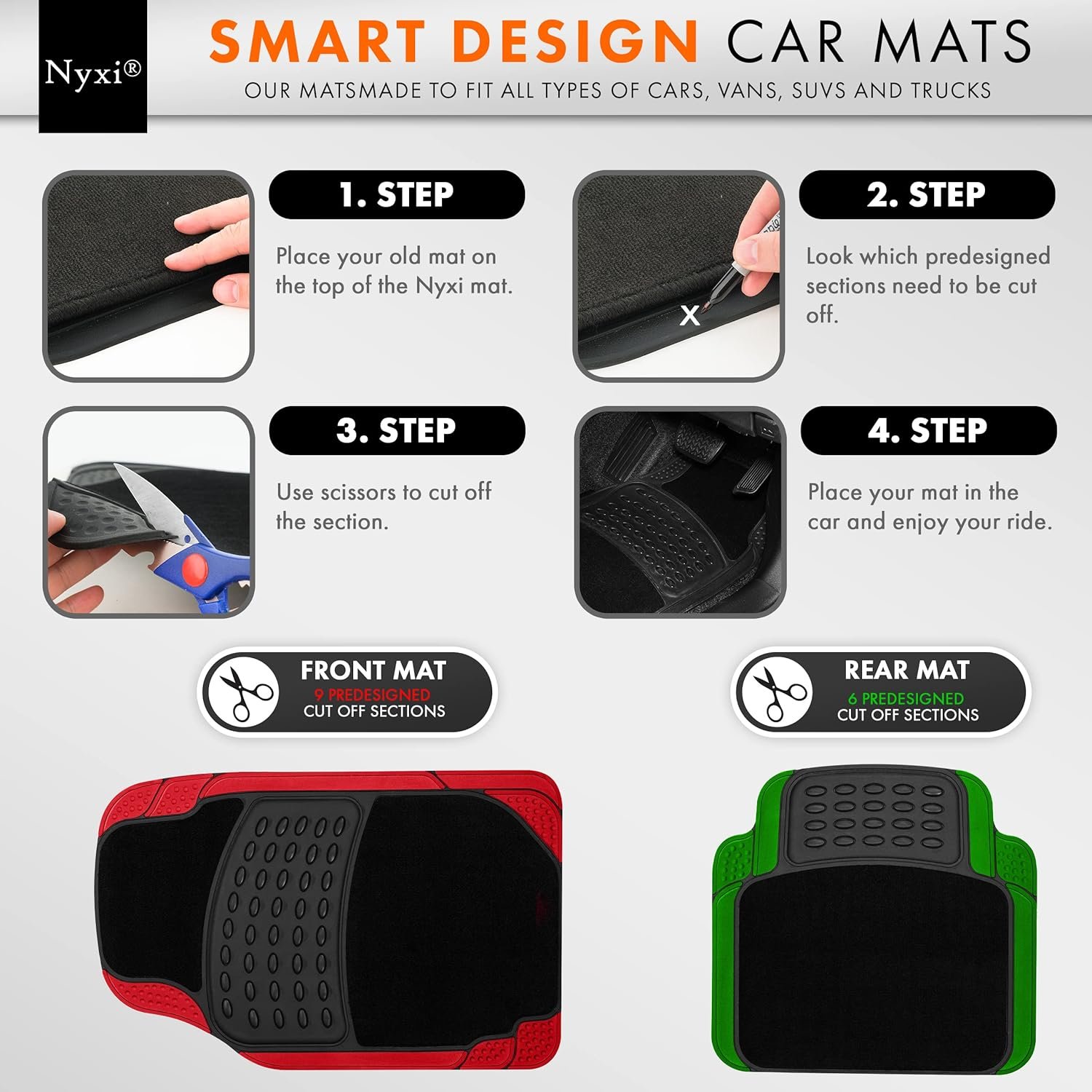 Nyxi 4 Piece Rubber Car Mat and Carpet (Front + Rear) Car Mat Floor Mat Universal Non-Slip Heavy Duty for Cars SUV Truck and VAN, Water Proof, All Weather - Image 4
