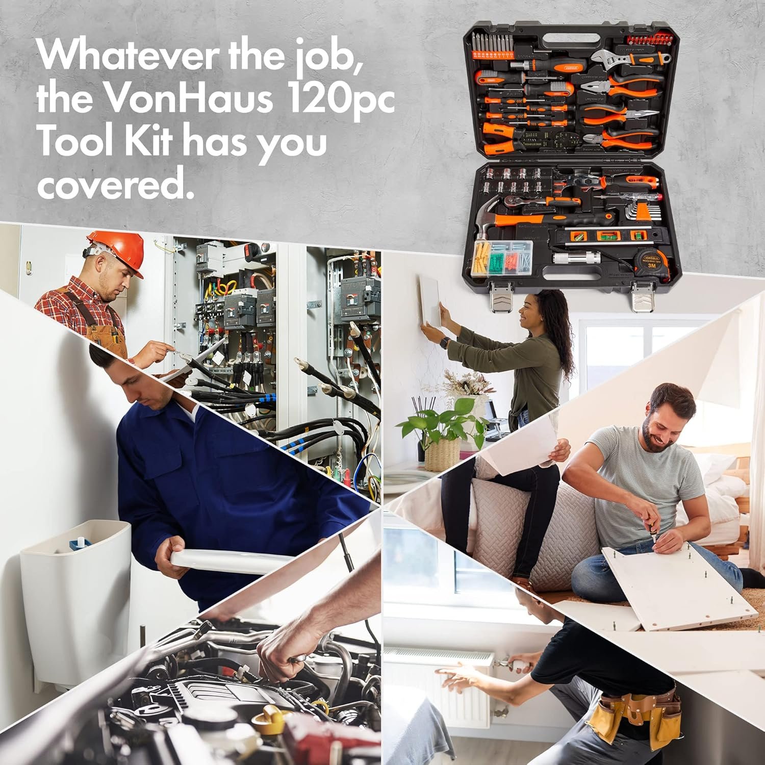 VonHaus Tool Kit - Ultimate 120 pcs Tool Box - Includes Hand Tools, LED Torch, Hex Keys, 3m Tape Measure & More - Comprehensive DIY Kits for Home, Perfect for Beginners - Includes Carry Case - Image 2