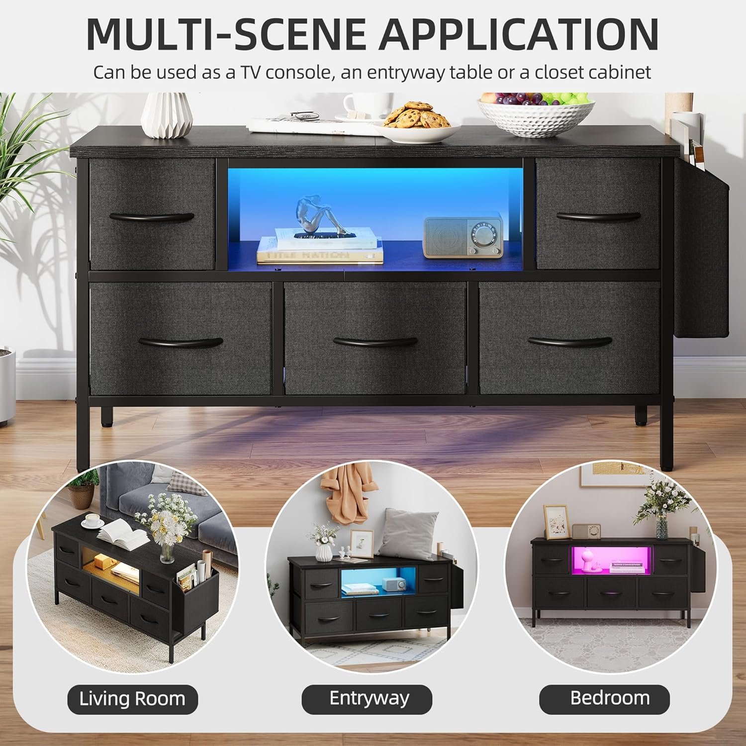 YITAHOME TV Cabinet, TV Stand Cabinet Unit for Living Room with 5 Foldable Drawers and Shelves TV Stand Unit with RGB LED Lighted TV Gaming Entertainment Center with Cabinet for PS5 - Image 4