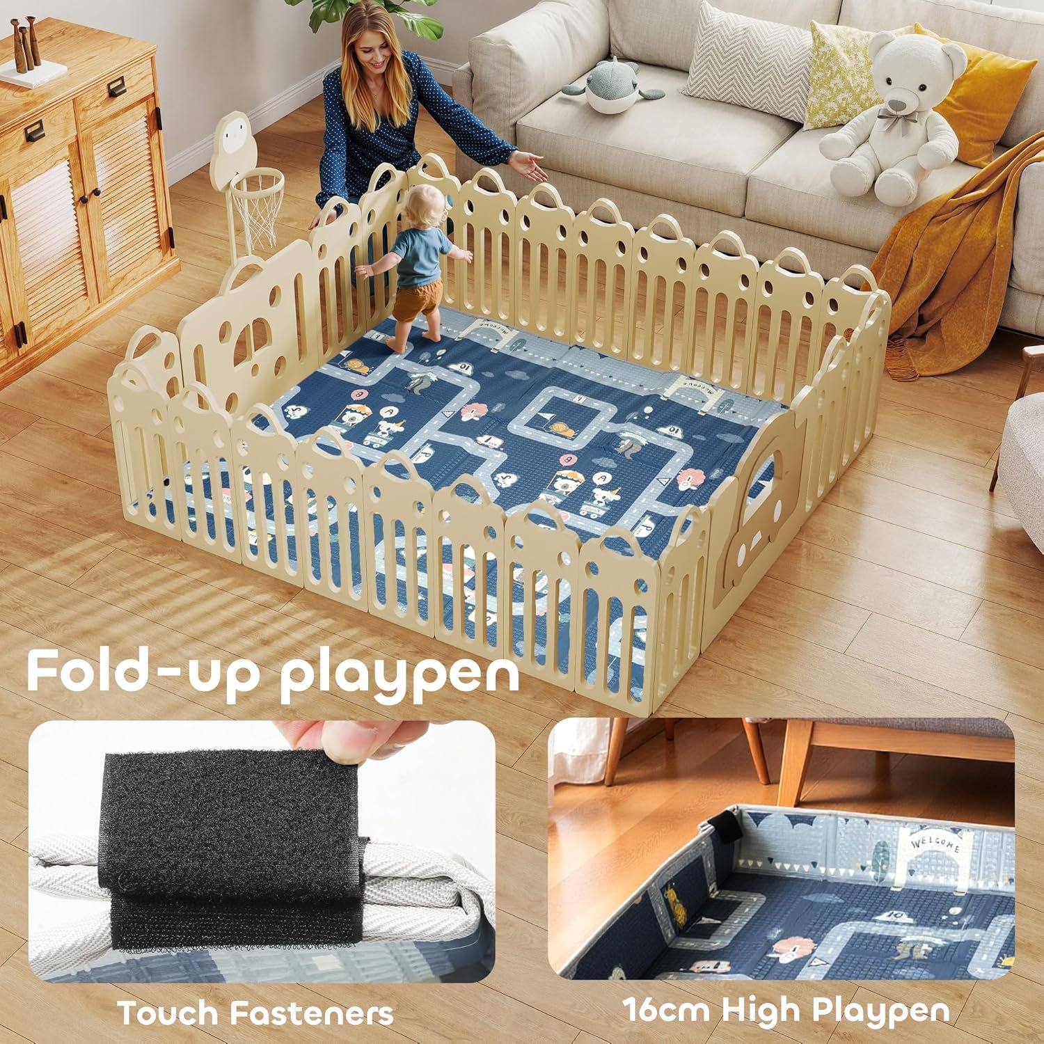 AIYAPLAY Foldable Baby Play Mat Double-Sided, Baby Playpen Floor Mats for Toddlers, Waterproof Large Foam Playmat for Playroom and Nursery, 202 x 180.5cm, Traffic and Grey Diamond Theme - Image 3