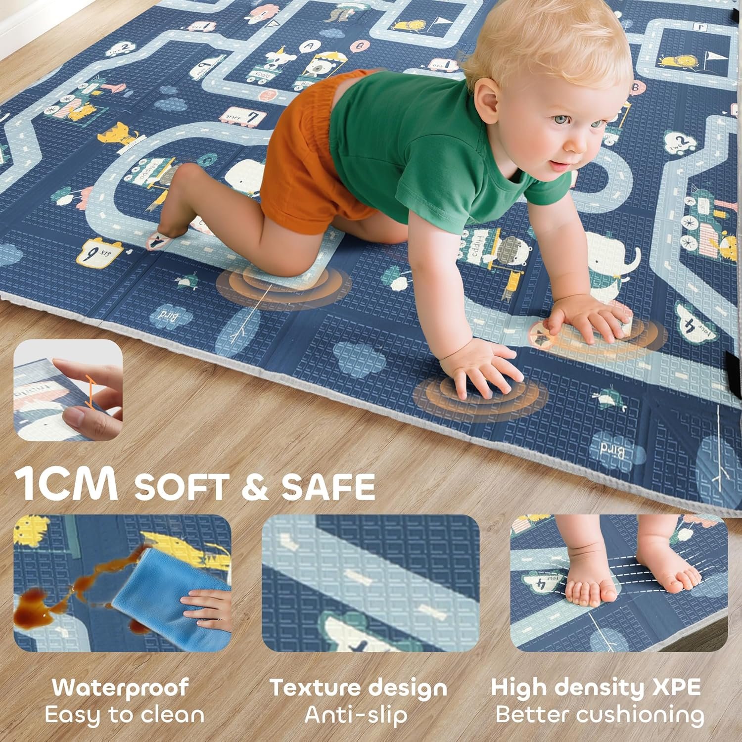 AIYAPLAY Foldable Baby Play Mat Double-Sided, Baby Playpen Floor Mats for Toddlers, Waterproof Large Foam Playmat for Playroom and Nursery, 202 x 180.5cm, Traffic and Grey Diamond Theme - Image 6