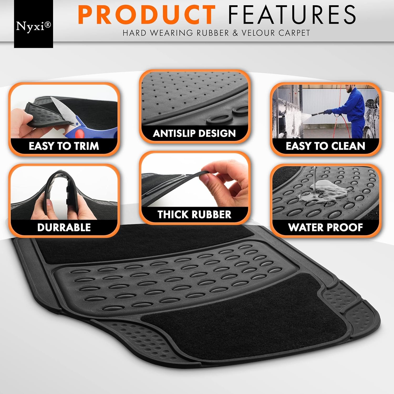 Nyxi 4 Piece Rubber Car Mat and Carpet (Front + Rear) Car Mat Floor Mat Universal Non-Slip Heavy Duty for Cars SUV Truck and VAN, Water Proof, All Weather - Image 3