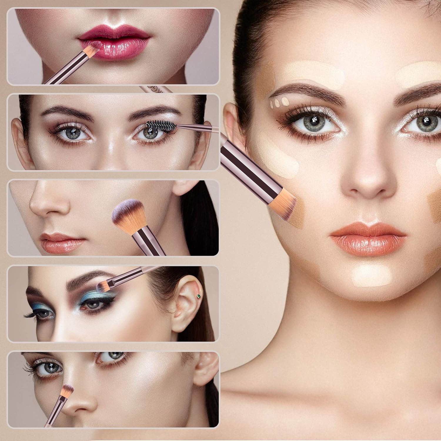 HEYMKGO Makeup Brushes, 15 Pcs Make Up Brushes Set Professional Champagne Gold Makeup Brush Pack, Foundation Blending Powder Blush Concealers Eyeshadow Eyeliner Make-up Brush Kits with Cosmetics Bag - Image 7