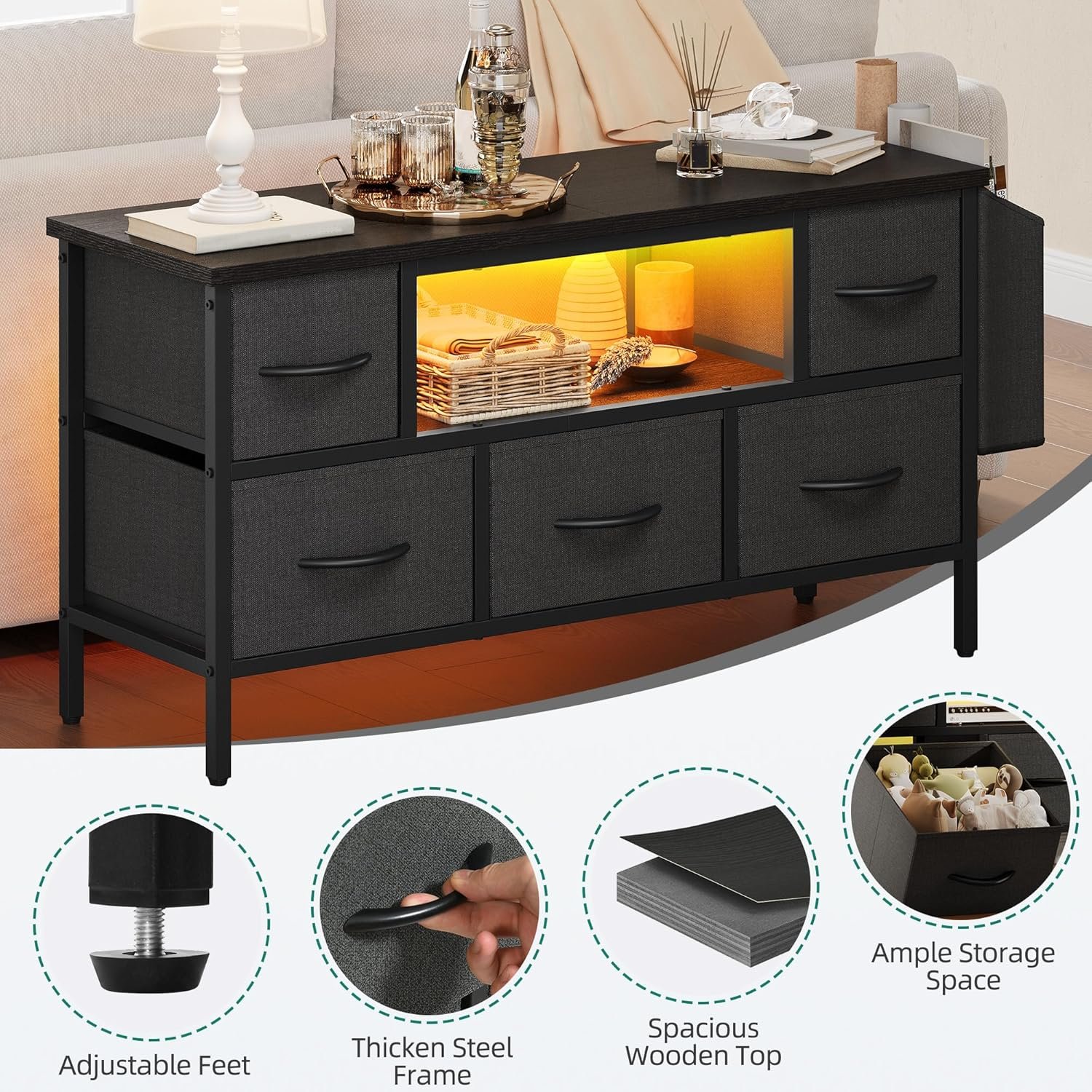 YITAHOME TV Cabinet, TV Stand Cabinet Unit for Living Room with 5 Foldable Drawers and Shelves TV Stand Unit with RGB LED Lighted TV Gaming Entertainment Center with Cabinet for PS5 - Image 3