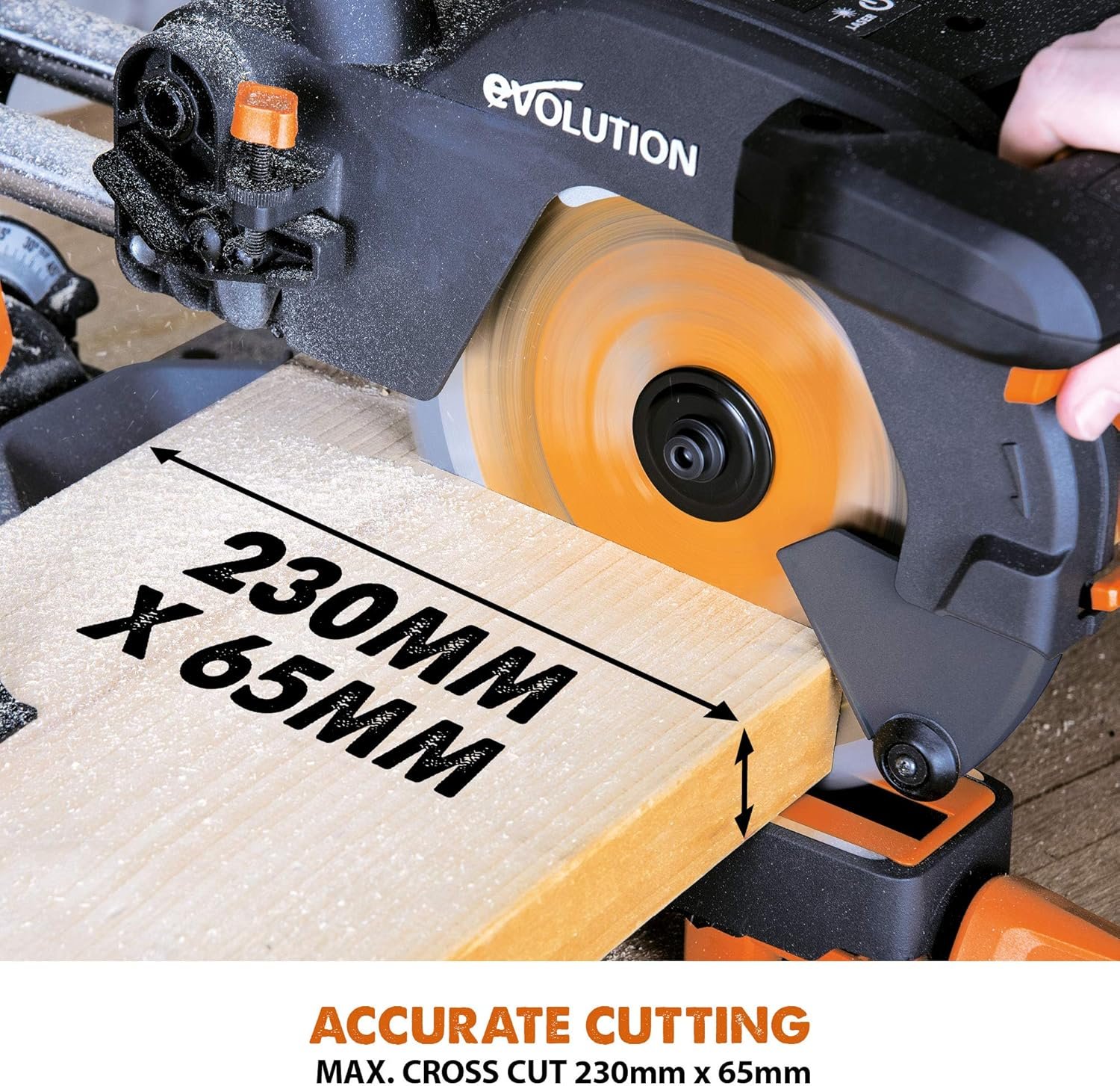 Evolution Power Tools R210SMS+ Sliding Mitre Saw With Multi-Material Cutting, Cuts Wood, Metal, Plastic & More, 45° Bevel, 50° Mitre, 230mm Slide, 1500 W (230 V) - Image 6